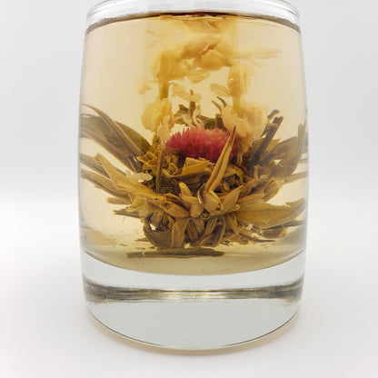 Glass with blooming tea bulb, green leaves and red and white flowers.