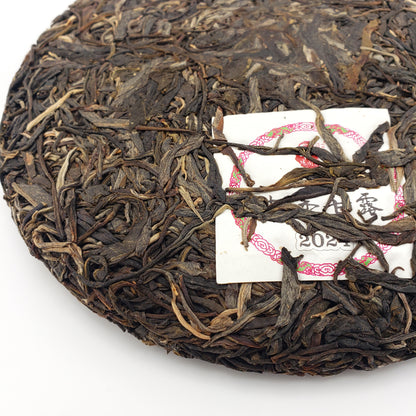 Round cake of Pu-erh tea with a white label on a white background
