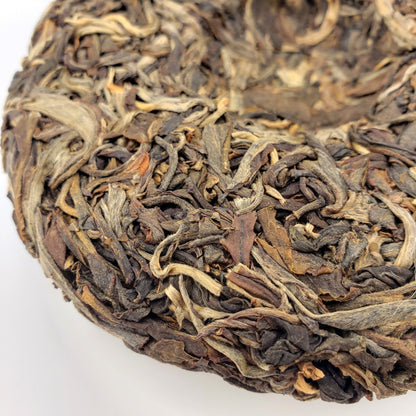 Close-up of a compressed tea cake with intricate leaf patterns on a white background