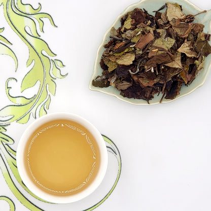 Tea leaves on a plate and brewed tea in a cup on a decorative white and green background