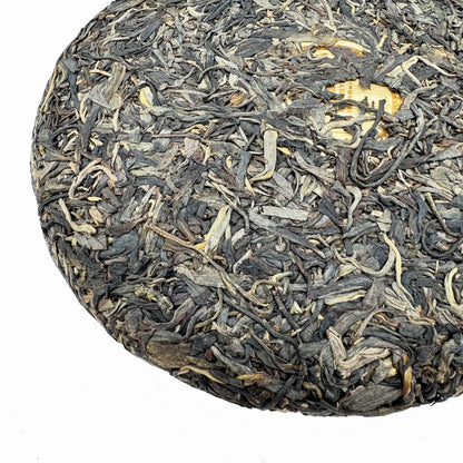Round cake of compressed tea leaves on a light blue background