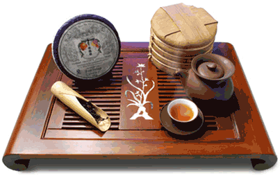 Animated image of steaming tea cup on a tray with pot and tea cakes