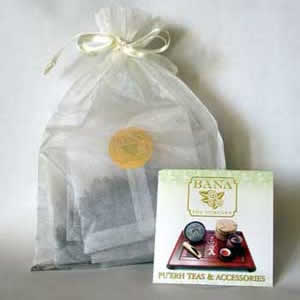 Tea bags in a clear bag with a brochure labeled 'Bana' on a white background