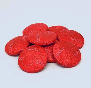 Red circular objects on a white background